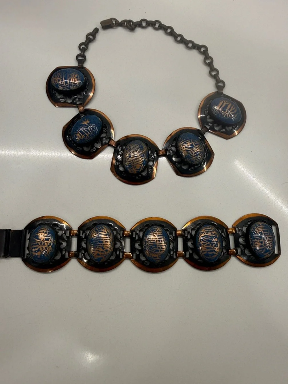 Vintage Artisan Mixed Metal Blue Cabochon Necklace & Bracelet Set